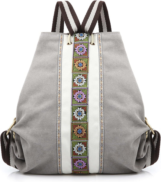 Goodhan Women Canvas Backpack Daypack Casual Shoulder Bag, Vintage Heavy-duty Anti-theft Travel Backpack, Light Grey