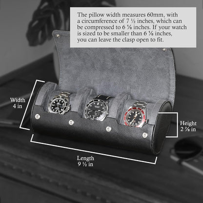 ROTHWELL Watch Roll Travel Case for 3 Watches | Tough Portable Protection, Fits All Wrist Watch & Smart Watches Up to 50mm (Black/Grey)