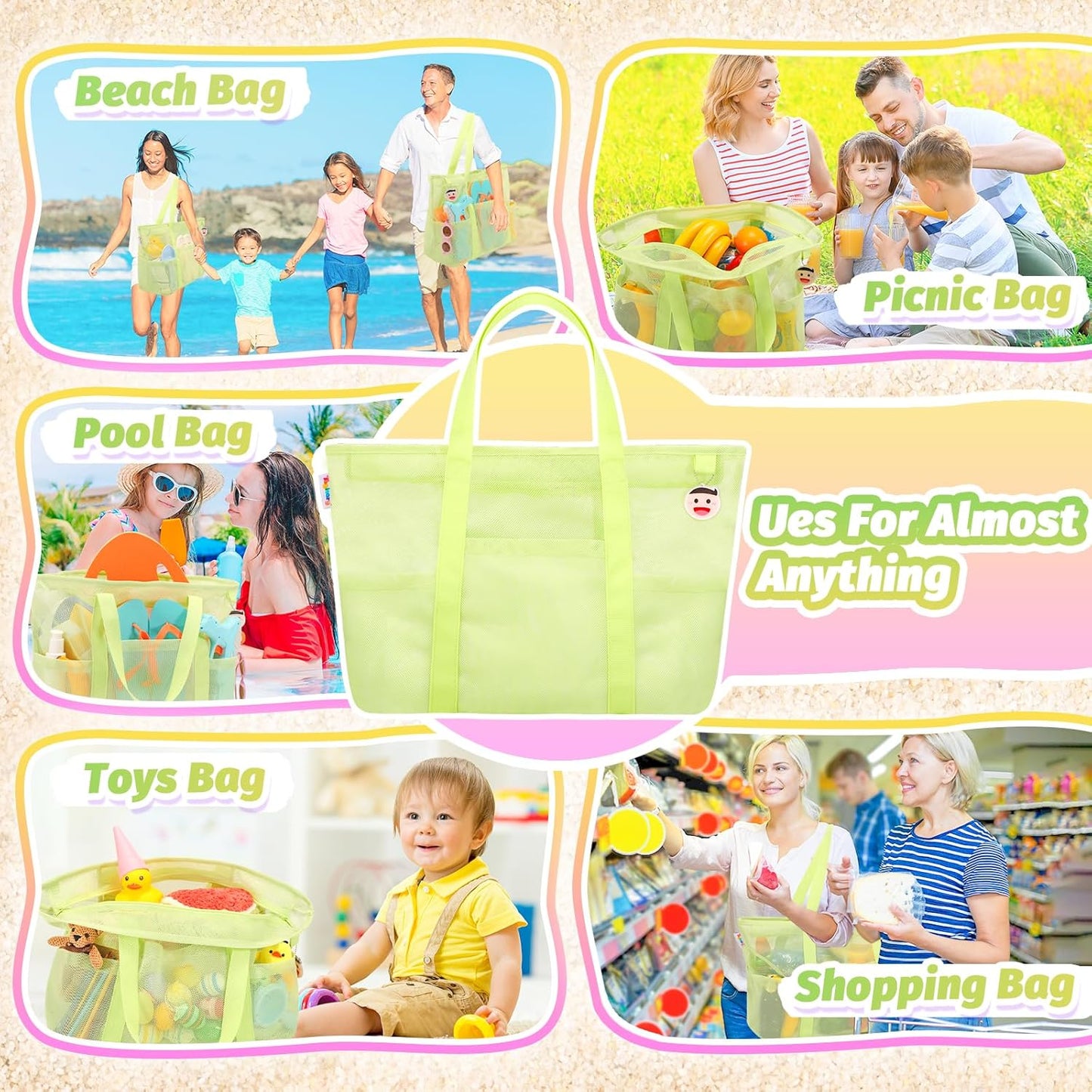 Tagitary Mesh Beach Bag with Zipper Large Beach Tote Waterproof Sandproof with 8 Pockets for Toys Pool Bag Beach Accessories