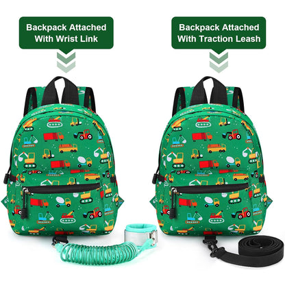 Accmor Toddler Backpack with Leash, Cute Baby Backpack with Anti Lost Wrist Link, Mini Kids Backpack Leash Walking Harness for Travel, Small Excavator Backpack Tether for Boys Girls Ages 1-3 (Green)