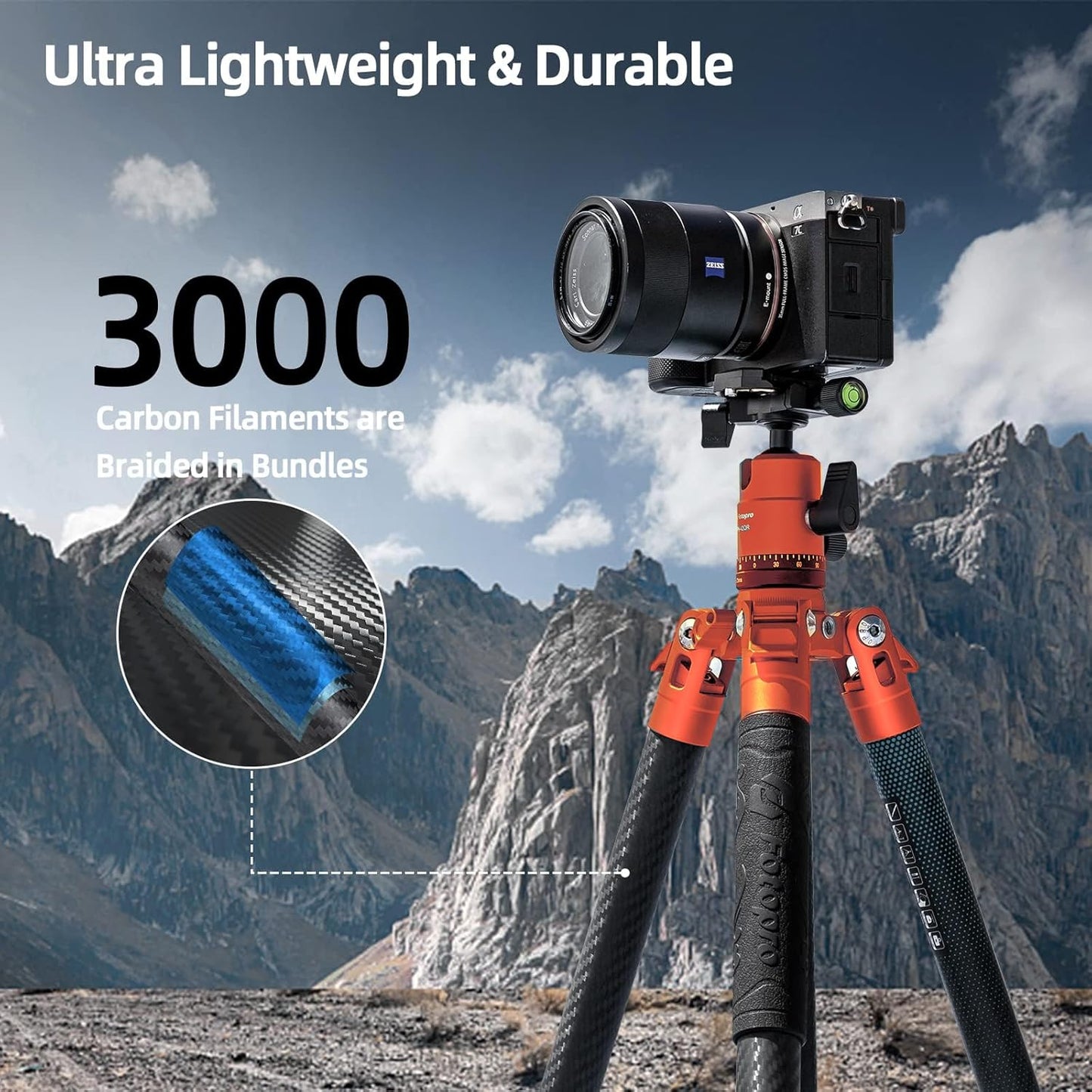 Fotopro Carbon Fiber Tripod 60 Inch 360 Degree Ball Head Quick Release Plate Lightweight Camera Tripod for Travel Tripod Folded Height Only 14.2",Max Loads up to 22lbs,Orange