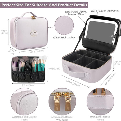 MOMIRA Travel Makeup Bag Cosmetic Bag Makeup Organizer Bag with Lighted Mirror, Adjustable Brightness in 3 Color Scenarios, Waterproof Makeup Train Case, Gift for Women - Violet grey