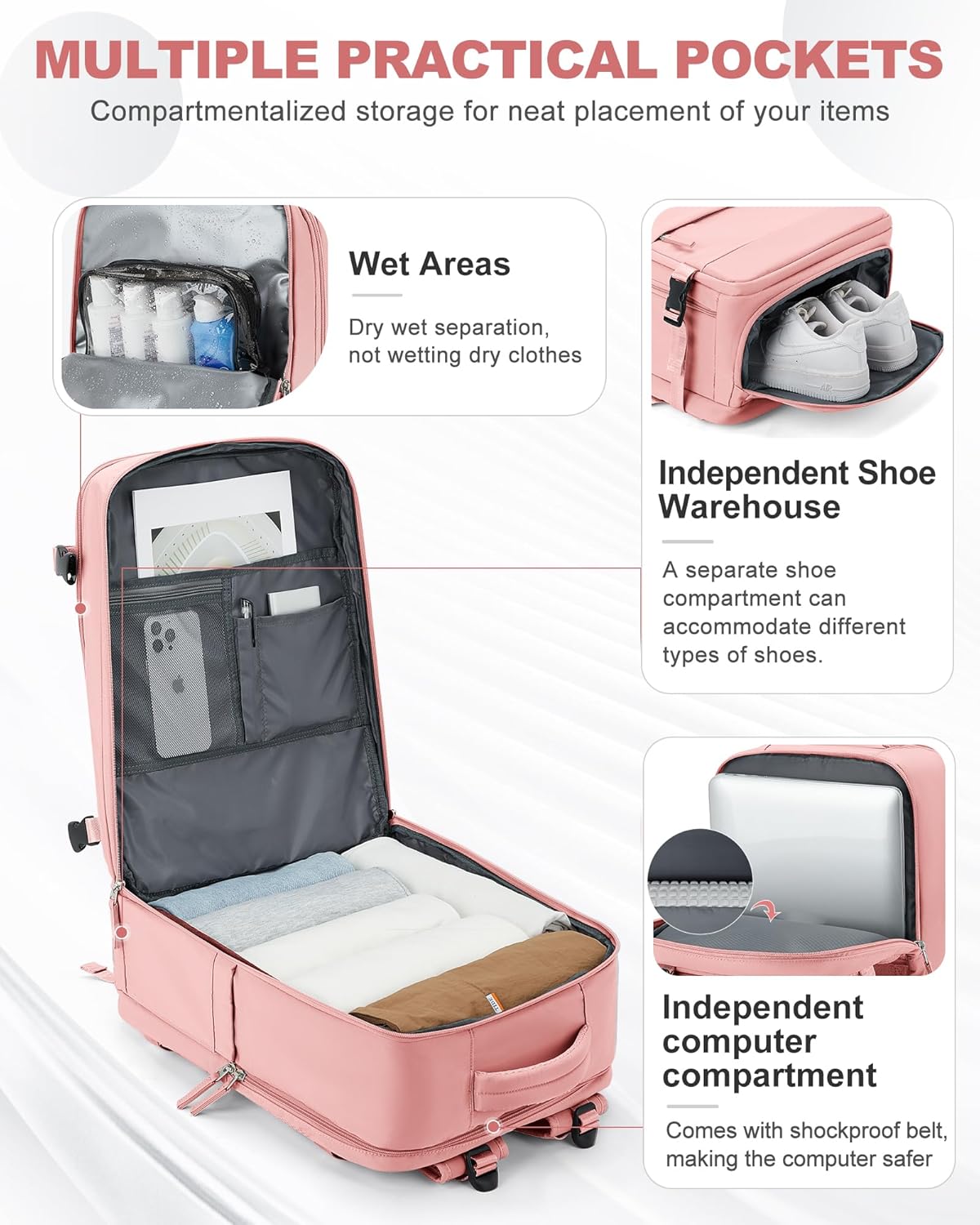 coowoz Large Travel Backpack Carry On for Women Man Gym Backpacks with Laptop Compartment Mochila de Viaje Teacher Personal Item Backpack Rucksack Airplane Accessories Must Haves Pink