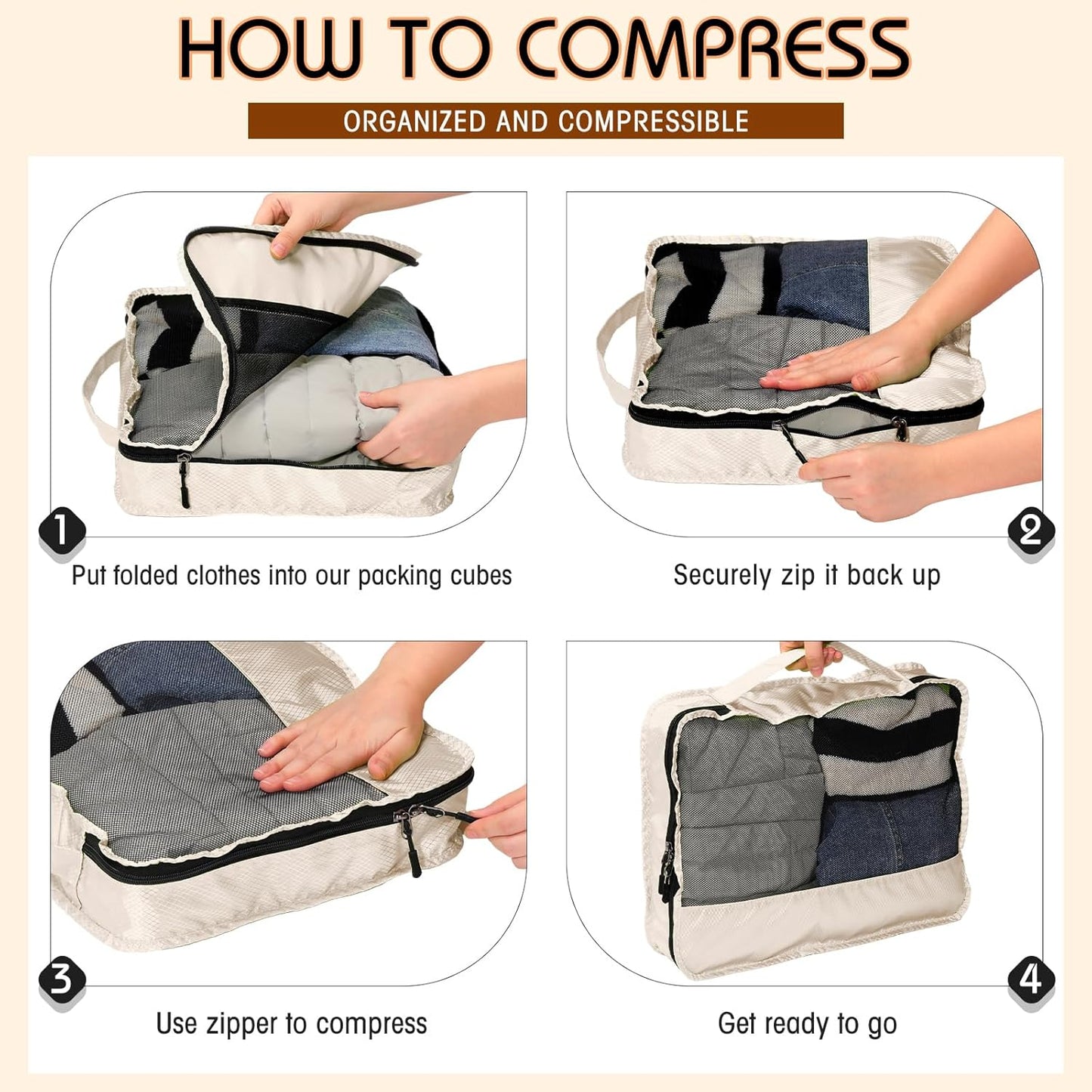 5 Pcs Packing Cubes for Suitcase Large Travel Cubes Carry on Luggage Organizer Bags for Clothes Accessories(M,Khaki)