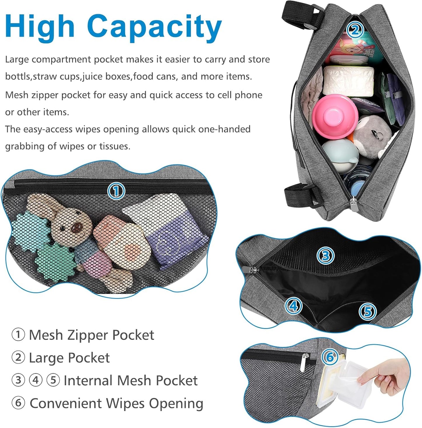 Accmor Insulated Side Sling Stroller Saddle Bag Organizer, Universal Stroller Organizer, Stroller Bag Caddy Organizer, Grey