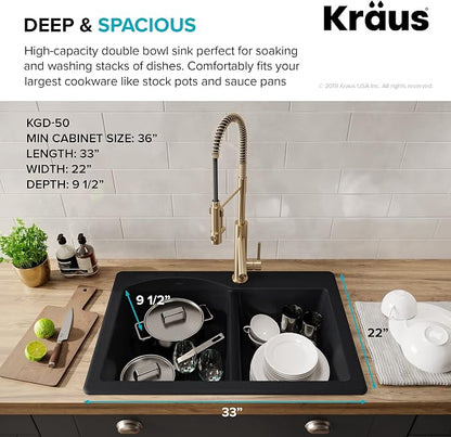 KRAUS Forteza™ 33” Dual Mount 60/40 Double Bowl Granite Kitchen Sink in Black - Image 3