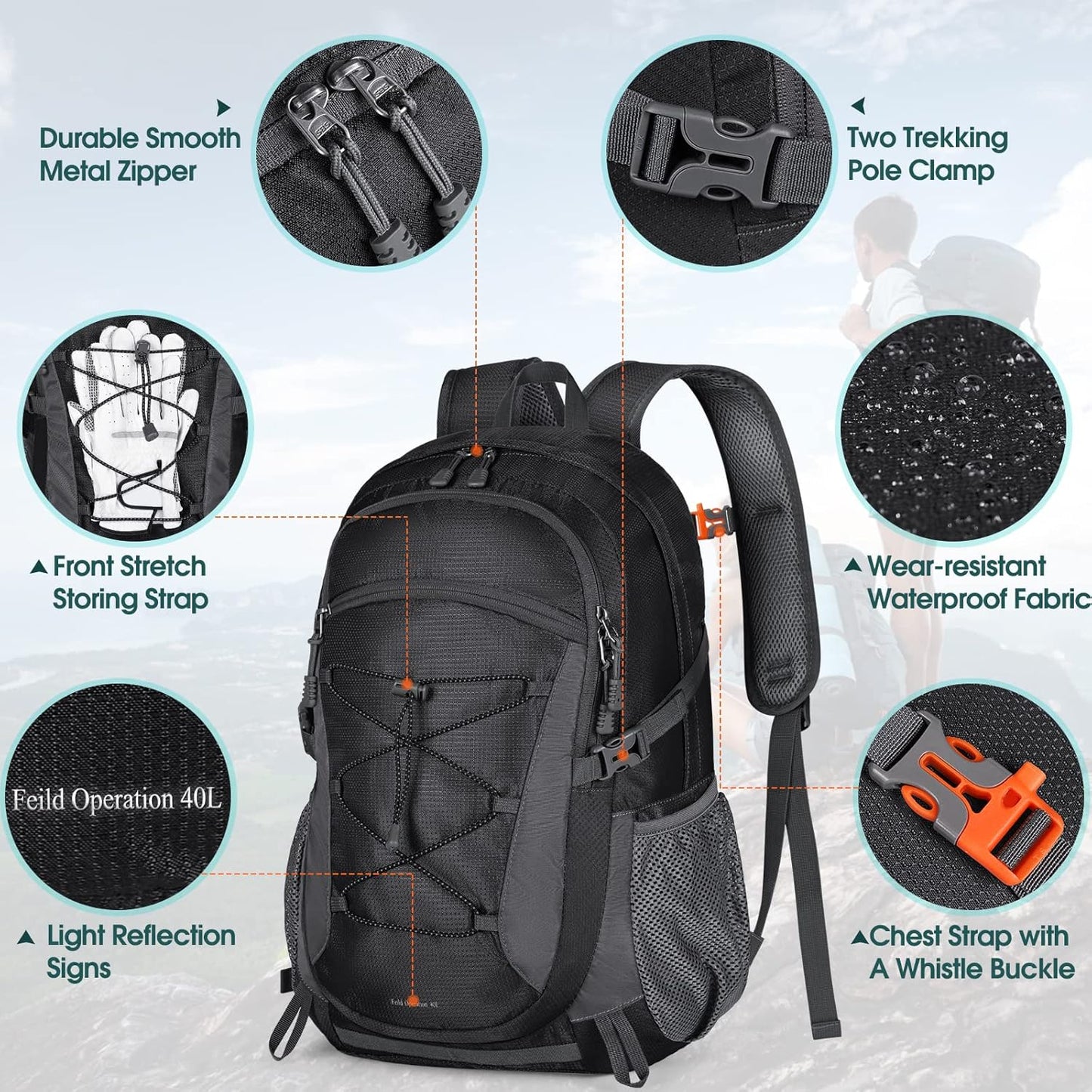 RAINSMORE Hiking Backpack 40L Waterproof Camping Backpack Lightweight Packable Backpack for Women Men Outdoor Travel Daypack