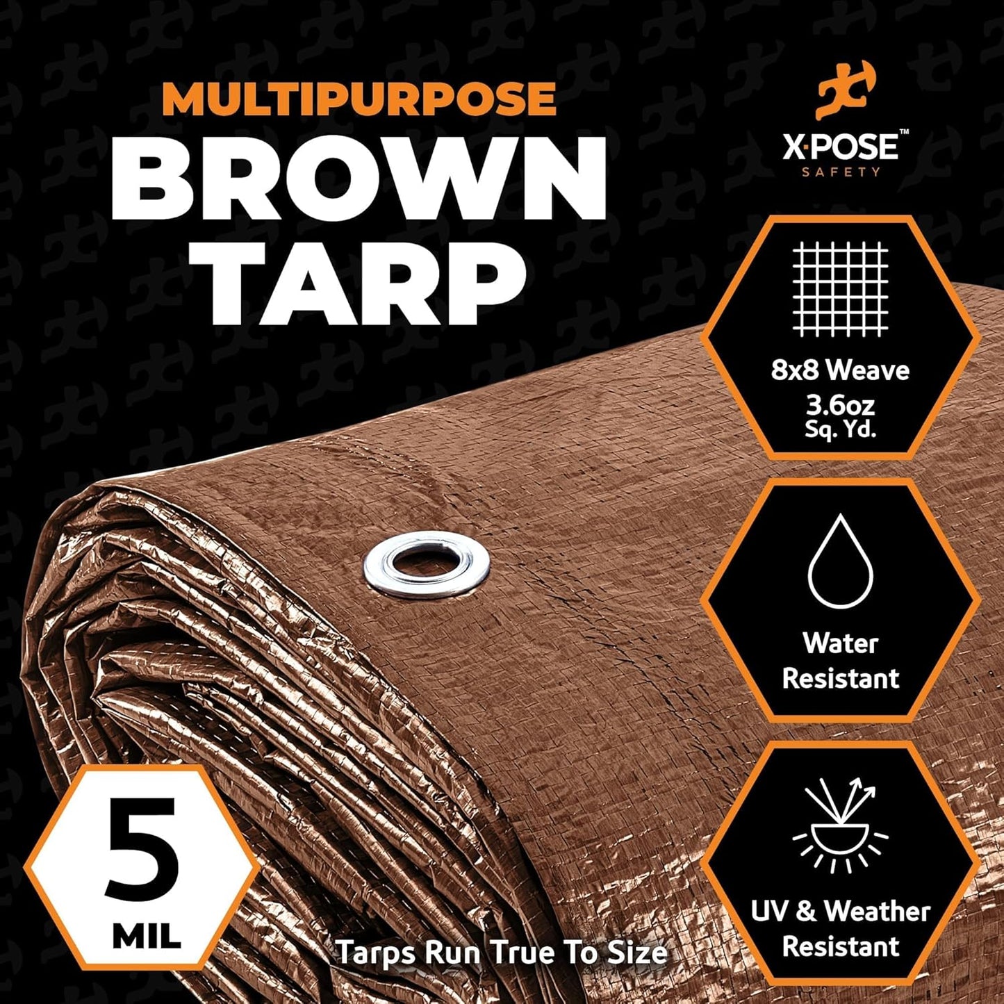 Multipurpose Protective Cover Brown Poly Tarp 8' x 10' (2-Pack) - Durable, Water Resistant, Weather Resistant - 5 Mil Thick Polyethylene - by Xpose Safety