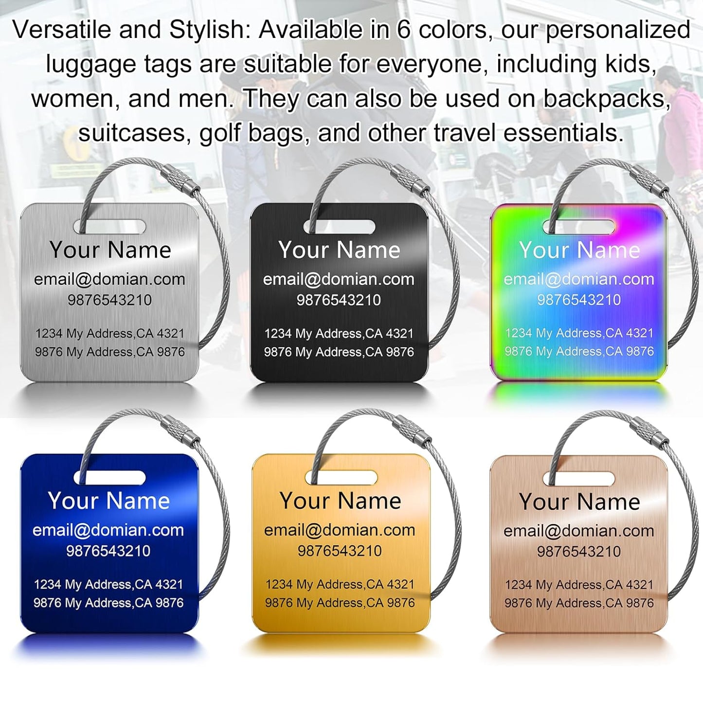 Stainless Steel Personalized Luggage Tags for Suitcases - Custom Name ID Travel Tags for Luggage, Backpacks and Bags - Metal Travel Essentials Accessories for Kids, Women and Men - Bulk Set (4 Pack)