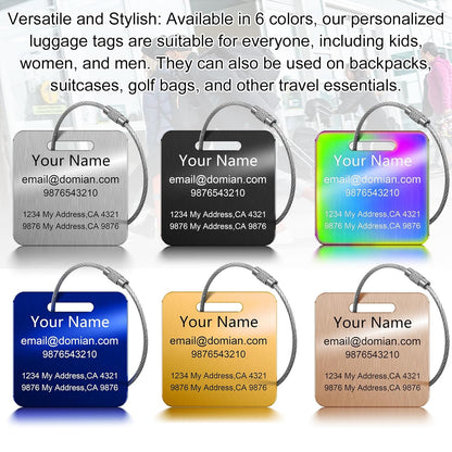 Stainless Steel Personalized Luggage Tags for Suitcases - Custom Name ID Travel Tags for Luggage, Backpacks, Baggage and Bags - Metal Unique Lable - Travel Essentials Accessories for Kids, Women, Men