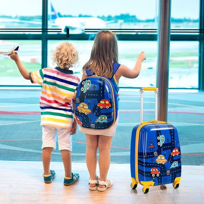 HONEY JOY Kids Luggage, 12" Toddler Backpack & 18" Travel Suitcase with Wheels, Lightweight Toddler Suitcase, Durable ABS Hardshell, 2Pcs Carry On Luggage Set for Boys Girls (Car)