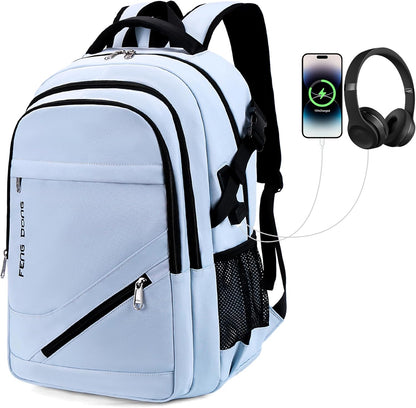 FENGDONG 17.3 inch Large Laptop Backpack Durable Waterproof Travel College Backpack Bookbag for Men & Women Business Backpack with USB Charging Port,Headset Port Light Blue