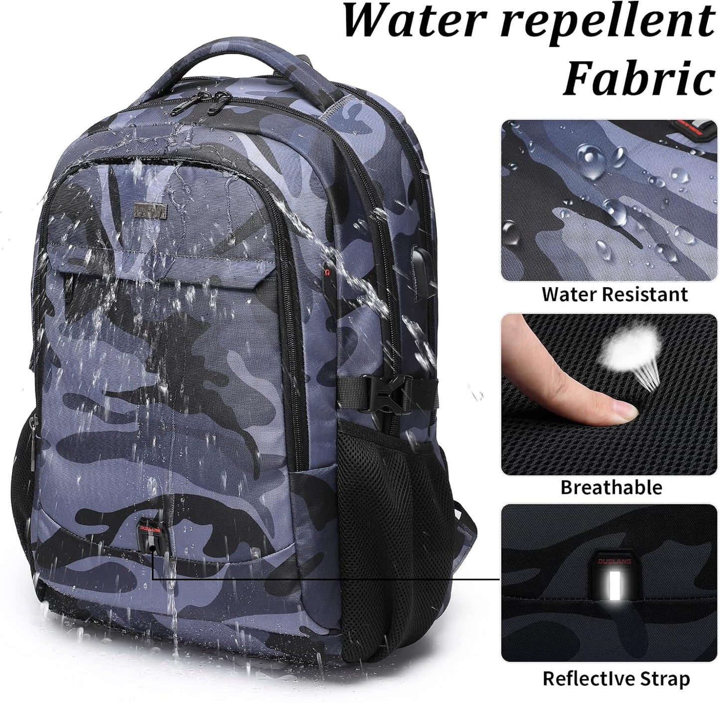 DUSLANG 17 Inch Travel Laptop Backpack Water Resistant Hiking Backpack for Men Laptop Bag with USB Charging Port,Camouflage green