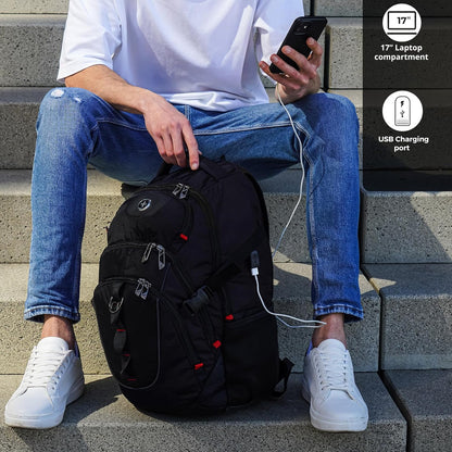 Swissdigital Design Laptop Backpack with USB Charging Port, TSA Travel Backpack Fits 15.6 inches Computer, 31L College School Backpack for Men, Black | SD803