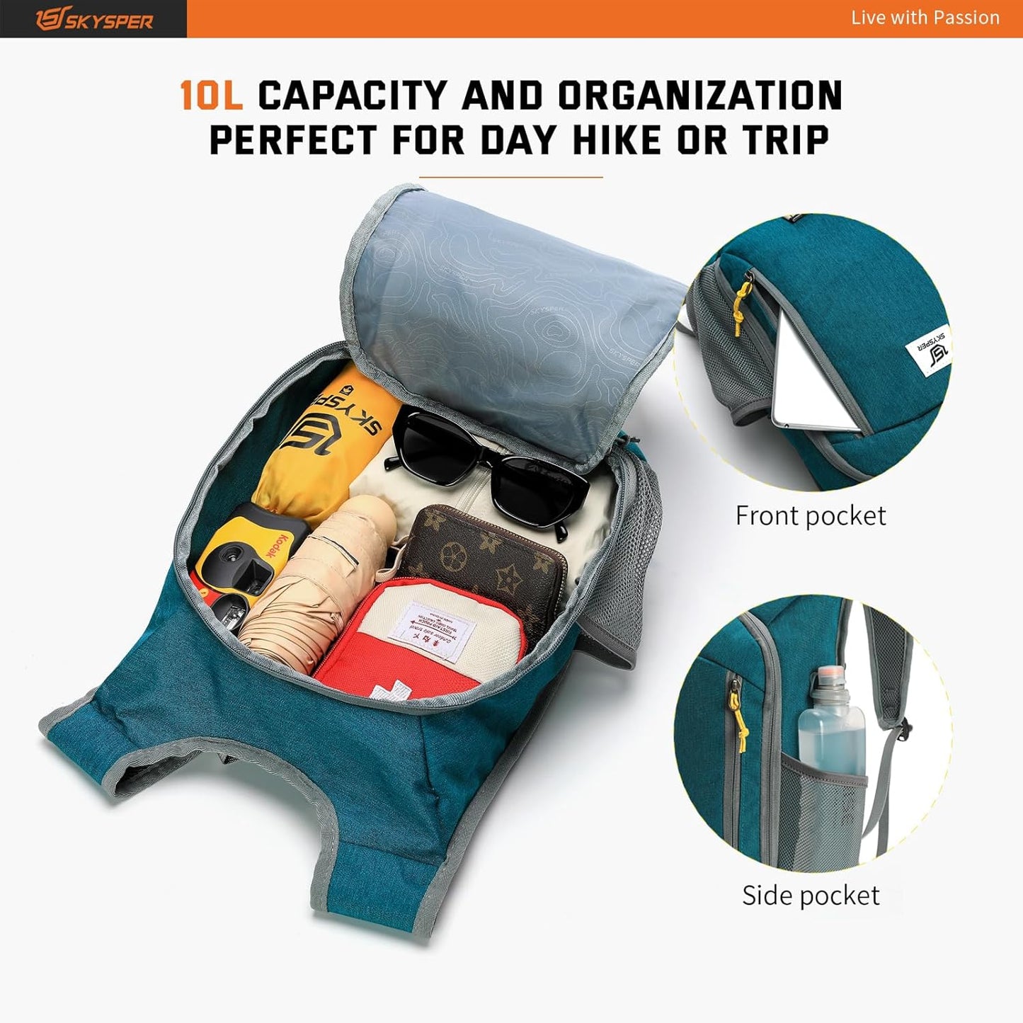 SKYSPER Small Daypack 10L Hiking Backpack Packable Lightweight Travel Day Pack for Women Men