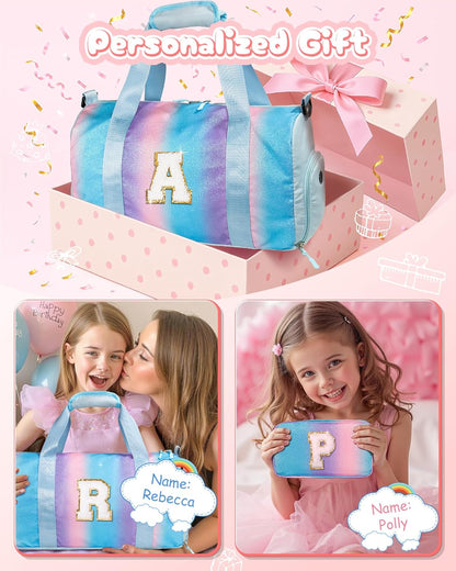 Dance Recital Gifts for Girls-Girl Gym Bag with Shoe Compartment, Kid Personalized Weekender Overnight Bags, Initial Travel Tote with Makeup Pouch, Preppy Things for Kids Girls (Letter E)