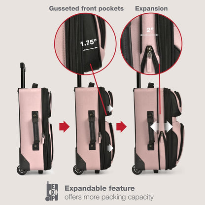 U.S. Traveler Rio Fabric Expandable Carry-on Luggage, Rolling Suitcase, Pink, 2 Wheel Set