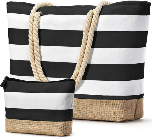 Becokan Beach Bag Initial Beach Tote with Makeup Bag for Travel Work Storage Personalized Birthday Gifts for Women Her