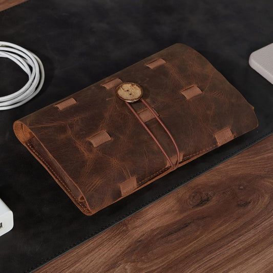 HARDISTON Custom Genuine Leather Electronic Cable Organizer Bag Handmade Travel Cord Organizer Roll Case for Hard Drives, Cables, Charger, Phone, USB, SD Card (Large - Brown)