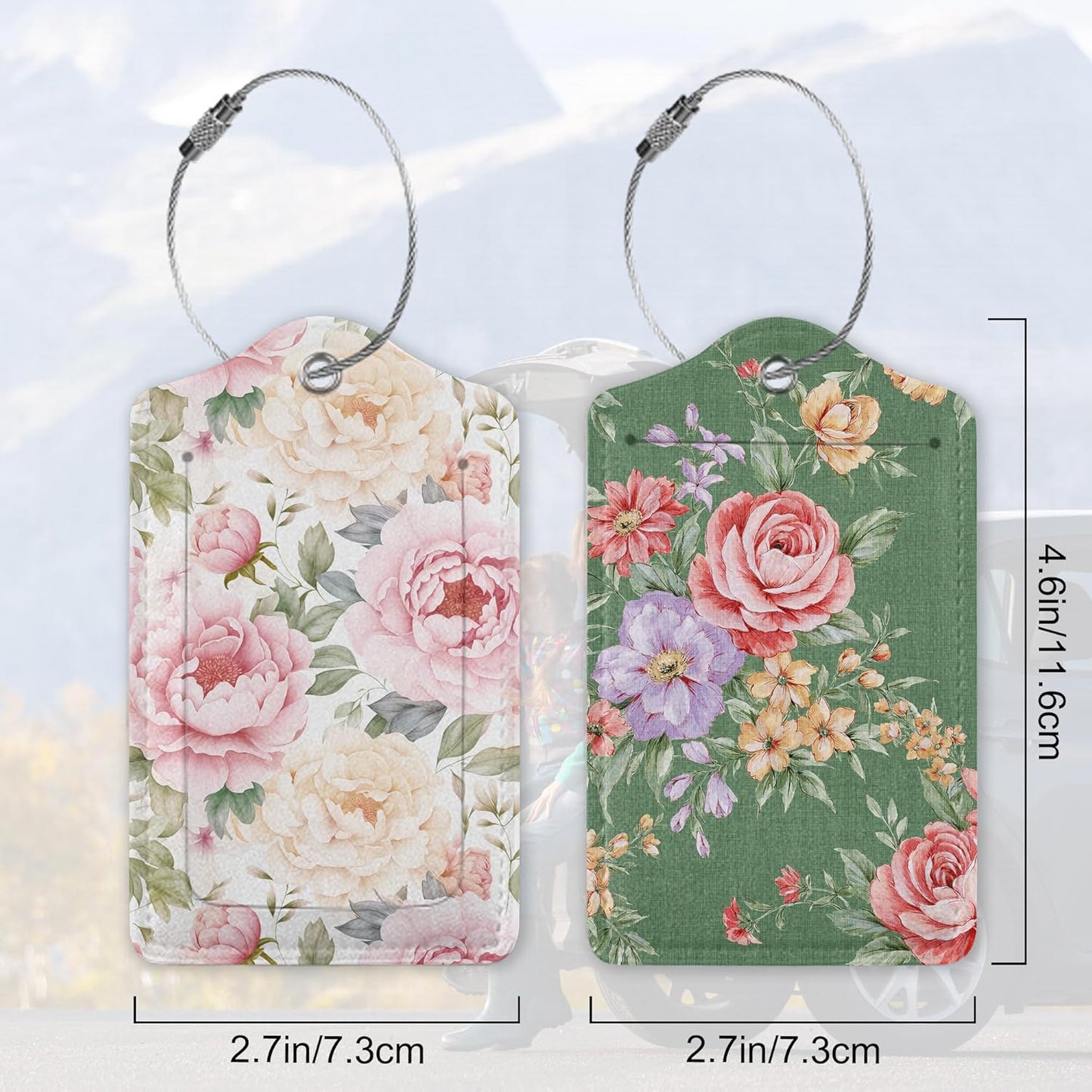 Vintage Beautiful Floral 2 Pack Luggage Tag for Suitcase, Cute Unique Leather Bag Tags Identifiers Privacy Cover ID Label with Durable Steel Loop for Women Men Kids Girls Travel