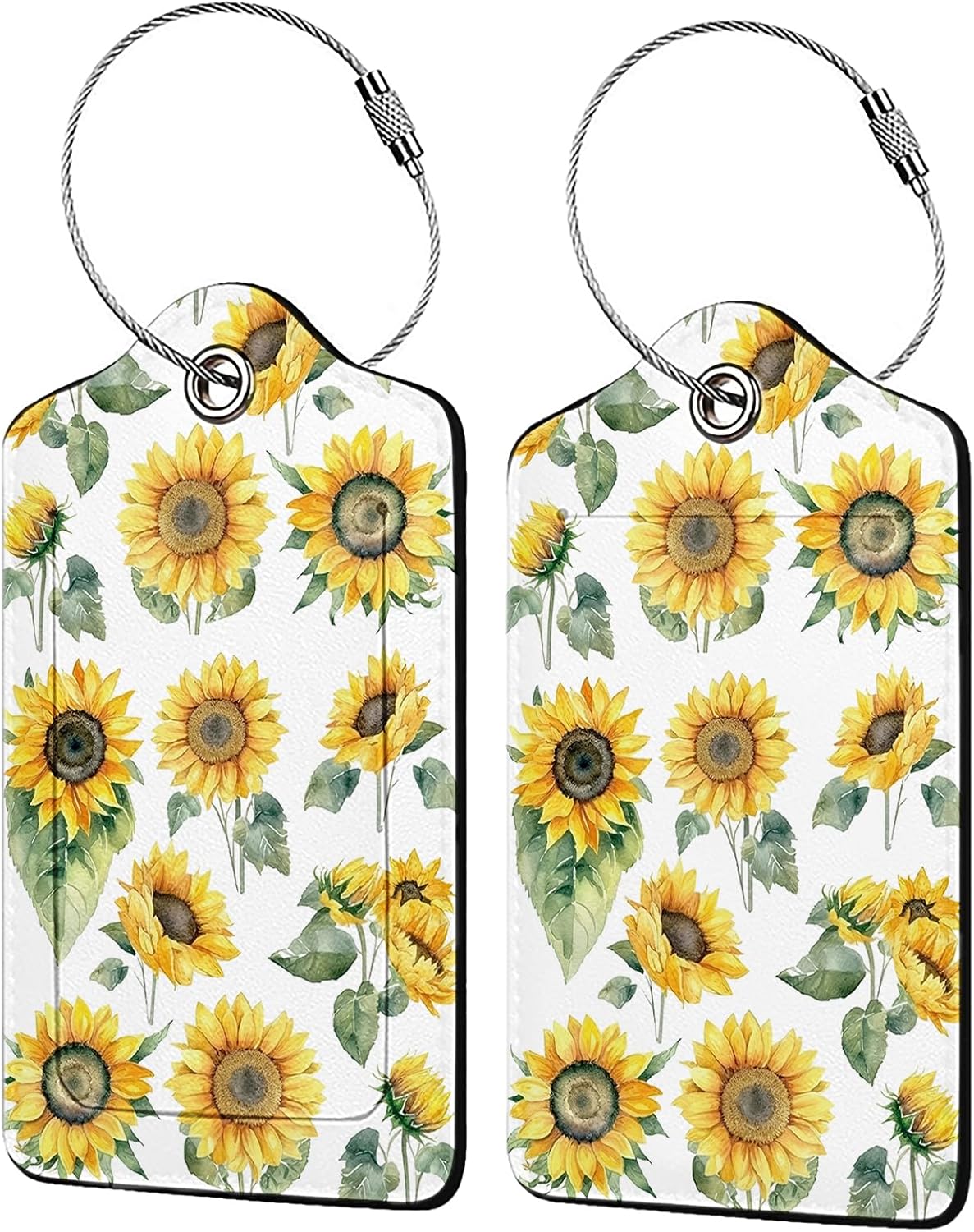 Watercolor Floral Sunflowers 2-Pack Luggage Tags for Suitcases,Leather Baggage Tag with Loop, Tags Private Name ID Labels for Women Girl Men Boys Travel Baggage Suitcase