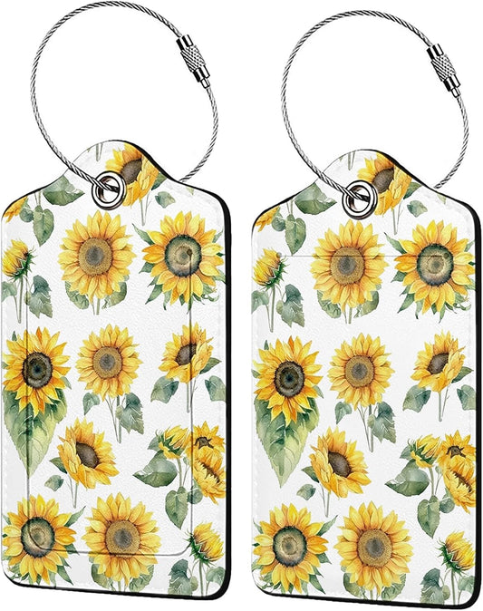 Watercolor Floral Sunflowers 2-Pack Luggage Tags for Suitcases,Leather Baggage Tag with Loop, Tags Private Name ID Labels for Women Girl Men Boys Travel Baggage Suitcase