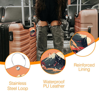 2 Pack Luggage Tag for Suitcase Japanese Mount Fuji and Sea Leather Travel Cruise Luggage Tag with Stainless Steel Loop Name ID Label Privacy Cover for Adults Teens Travel Bag Labels Set