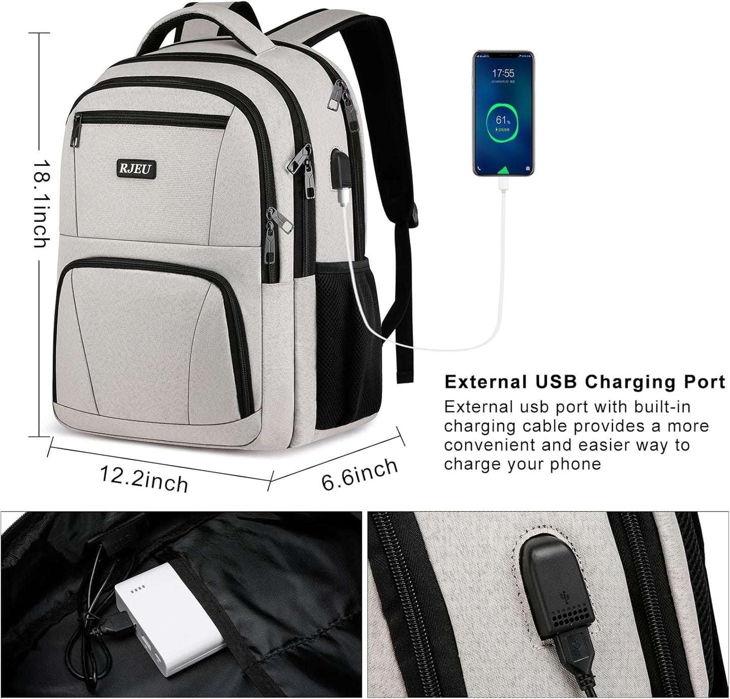 School Backpack for Teens Girls & Women, College Bookbag with 15.6 Inch Laptop Sleeve, 3 Compartments School Backpack, Ergonomic Straps - Beige