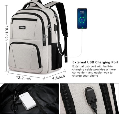 School Backpack for Teens Girls & Women, College Bookbag with 15.6 Inch Laptop Sleeve, 3 Compartments School Backpack, Ergonomic Straps - Beige