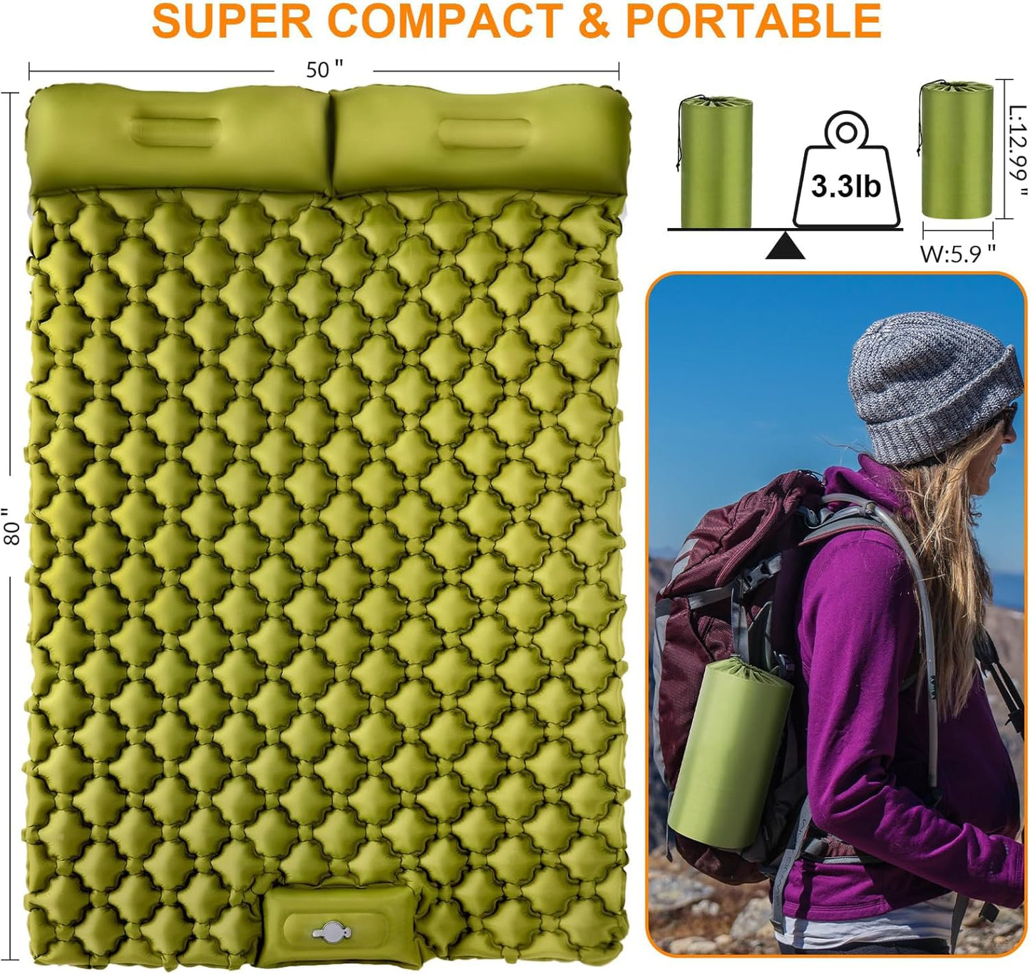 Double Sleeping Pad, Ultralight 3" Extra-Thick Self Inflating Sleeping Mat for 2 Person with Pillow Built-in Foot Pump Portable Camping Mat for Backpacking, Hiking, Traveling, Tent, Camping