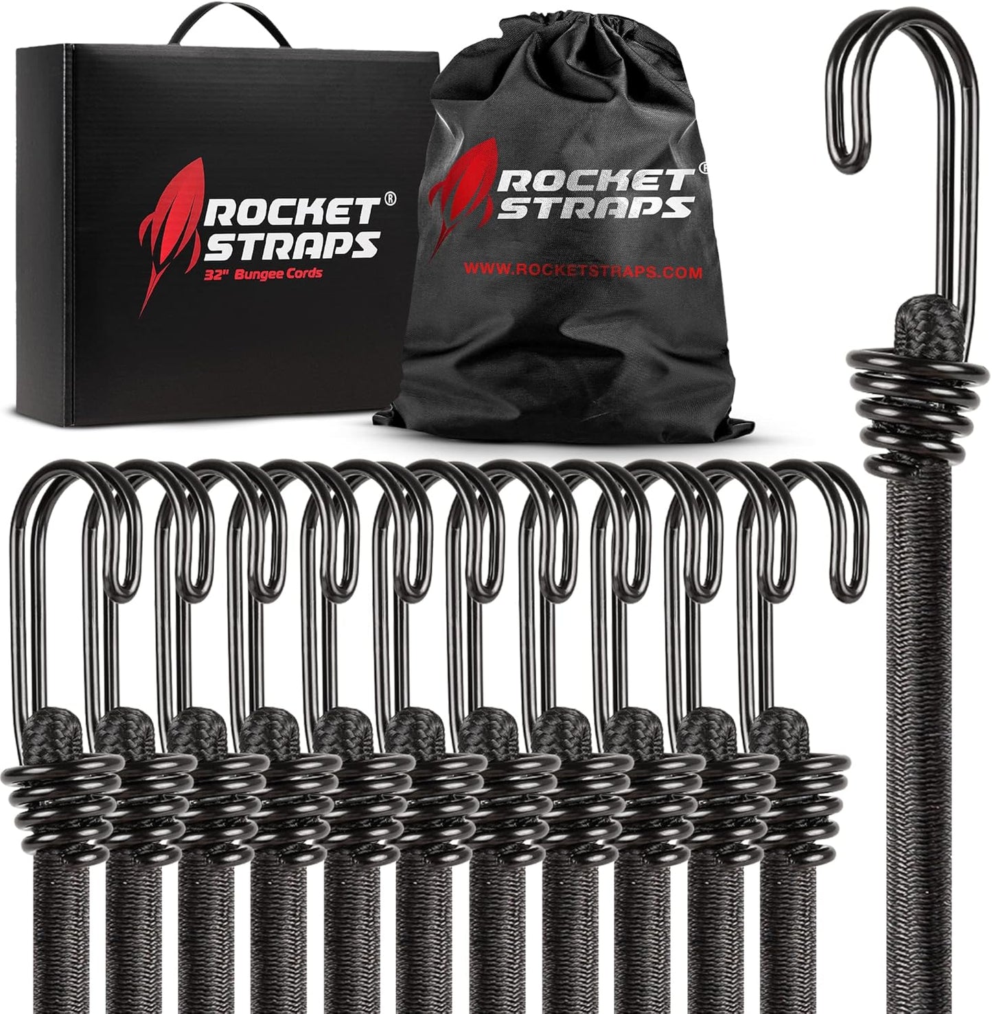 Ultimate Outdoor Bungee Cord Assortment - Heavy Duty Set of 12 Bungee Cords Double-J Hooks - Elastic Straps for Camping, Securing, and DIY (12pc - 32" Double J Hooks)