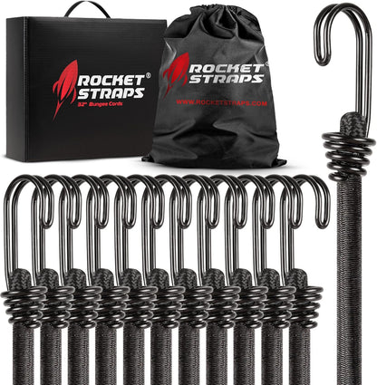 Ultimate Outdoor Bungee Cord Assortment - Heavy Duty Set of 12 Bungee Cords Double-J Hooks - Elastic Straps for Camping, Securing, and DIY (12pc - 32" Double J Hooks)