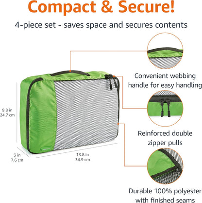 Amazon Basics Medium Packing Cubes for Travel, Packing Organizers, 4-Piece-Set With Double Zipper Pulls and Mesh Top Panel, 100% Durable Polyester, Green, 13.8"L x 9.8"W x 3"H
