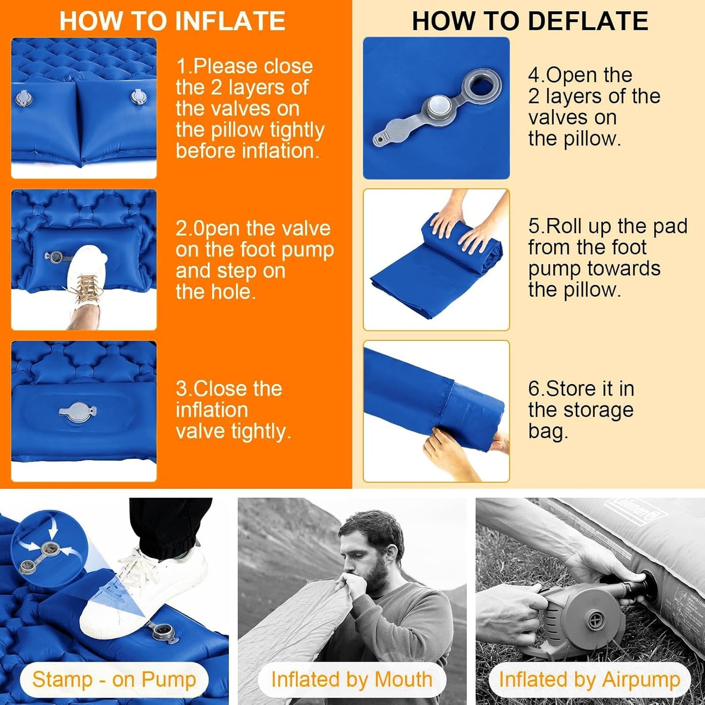 Double Sleeping Pad, Ultralight 4" Extra-Thick Self Inflating Sleeping Mat for 2 Person with Pillow Built-in Foot Pump Portable Camping Mat for Backpacking, Hiking, Traveling, Tent, Camping(Blue)