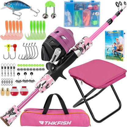 Kids Fishing Pole Set, Telescopic Fishing Rod Reel Combo Kids Starter Kit with Lures Tackle Box, Foldable Stool and Portable Bag for Boys Girls Younth