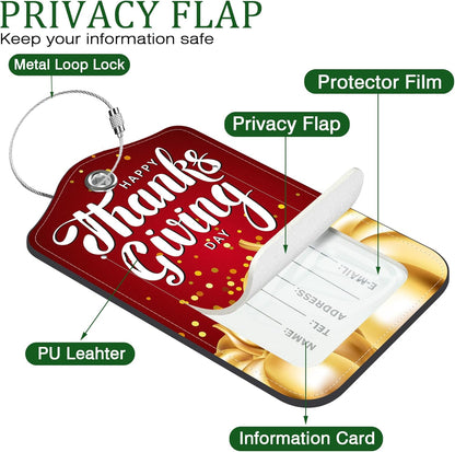2 Pack Luggage Tag for Suitcase Happy Thanksgiving Day Leather Suitcase Tags with Privacy Name ID Label and Stainless Steel Loop for Travel Bag