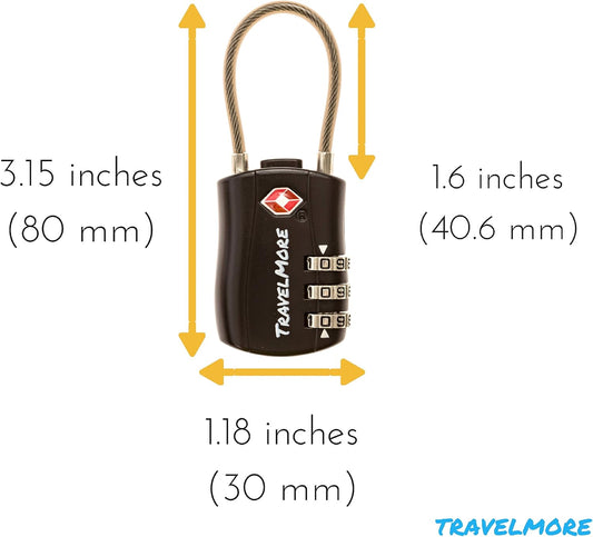 6 Pack TSA Approved Travel Combination Cable Luggage Locks for Suitcases & Backpacks - Black