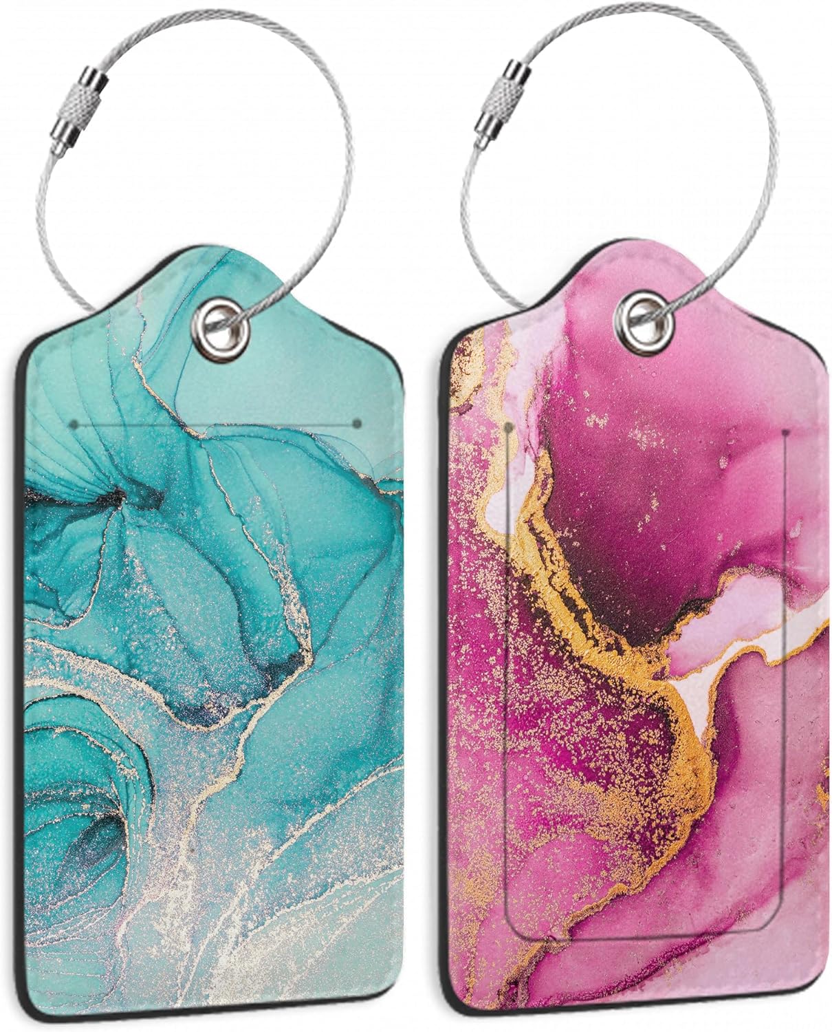 Set of 2 Pink Gold Abstract Marble Luggage Tags for Suitcases, Blue Gold Abstract Marble Leather Suitcase Tag Name Identifiers Labels for Travel Bag Baggage Backpack