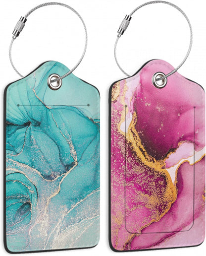 Set of 2 Pink Gold Abstract Marble Luggage Tags for Suitcases, Blue Gold Abstract Marble Leather Suitcase Tag Name Identifiers Labels for Travel Bag Baggage Backpack