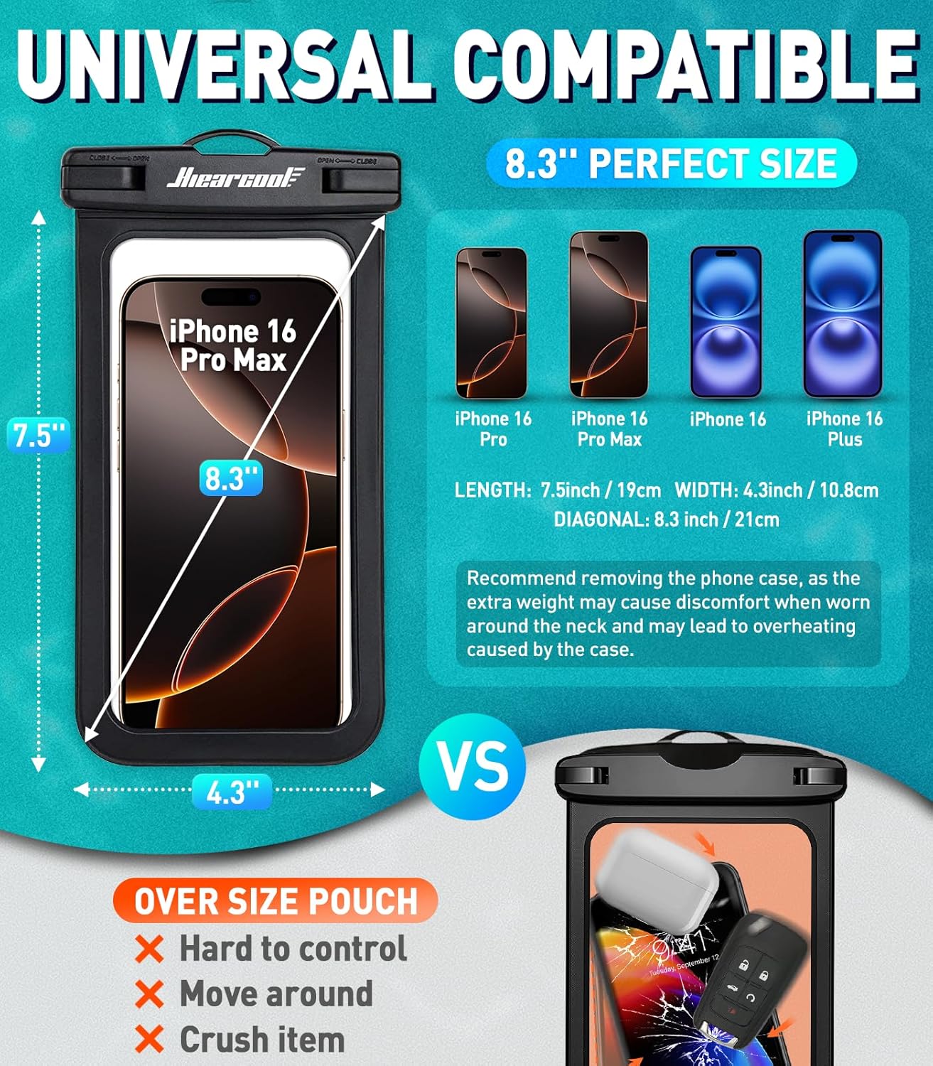 Hiearcool Waterproof Phone Pouch,Waterproof Phone Case for iPhone 16 15 14 13 Pro Max Plus up to 8.3",IPX8 Cellphone Dry Bag for Beach Cruise Travel Black&Olive Green-2Pack