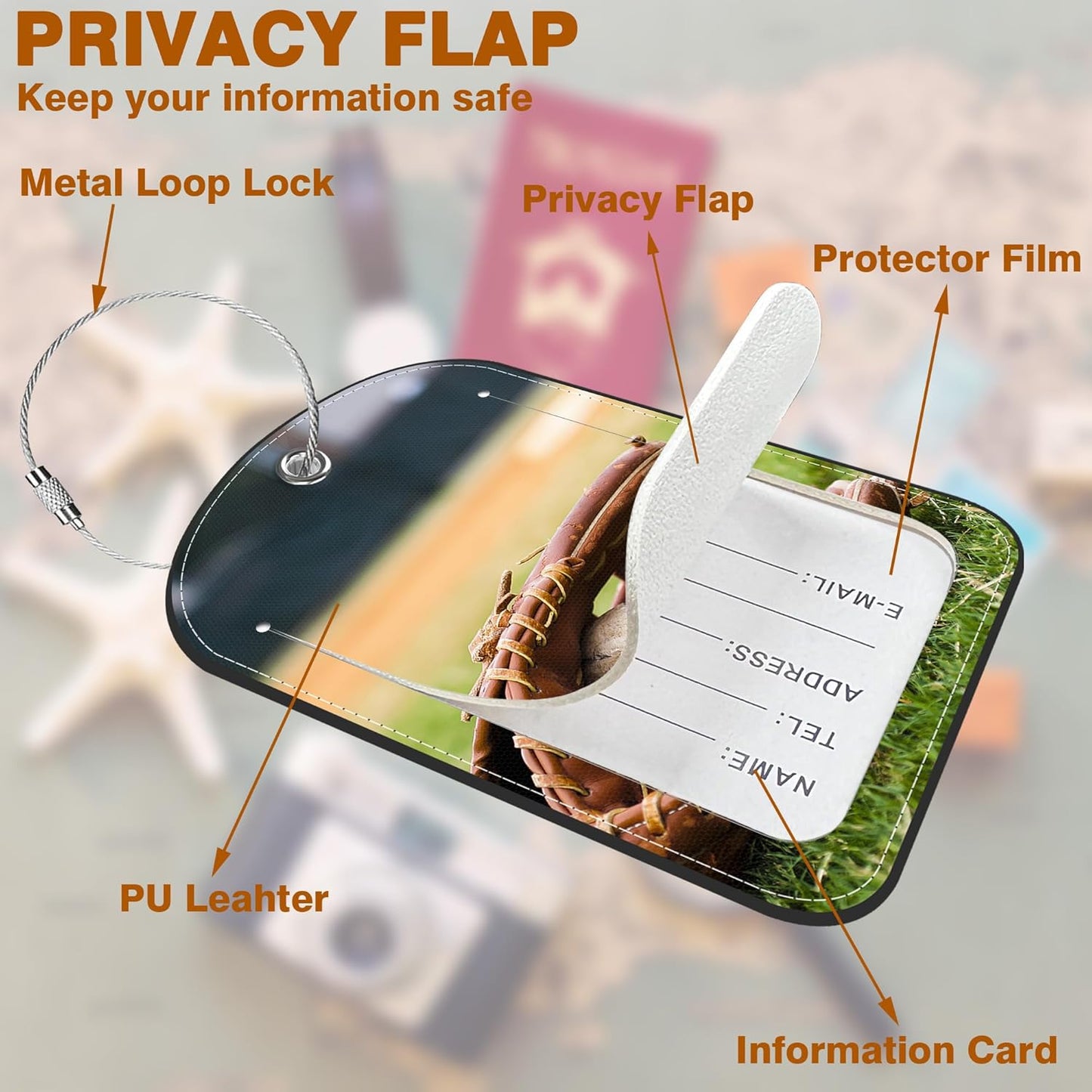 2 PCS Leather Luggage Tag for Suitcase Old Baseball and Glove on Baseball Grand Travel Suitcase Labels with Privacy Name ID Label and Stainless Steel Loop for Adults Teens Travel Bag Labels Set