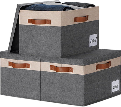 GhvyenntteS Fabric Storage Bins with Lids 3 Pack, Large Fabric Storage Baskets with Lid and Handles, Foldable Closet Organizers and Storage boxes with Label Window for Home (Beige, 15" x 11" x 9.7")