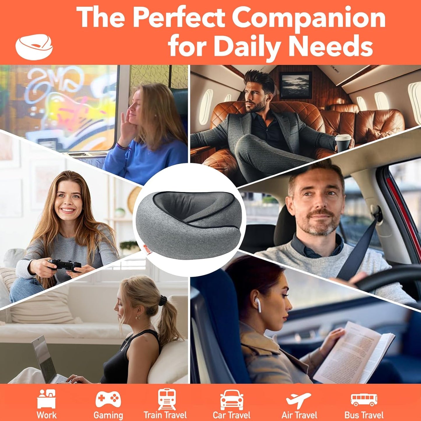 Travel Pillow | High-Density Memory Foam Pillow with 360° Surround Support. Ergonomically Designed. Ideal for Airplane Travel and Home Use.