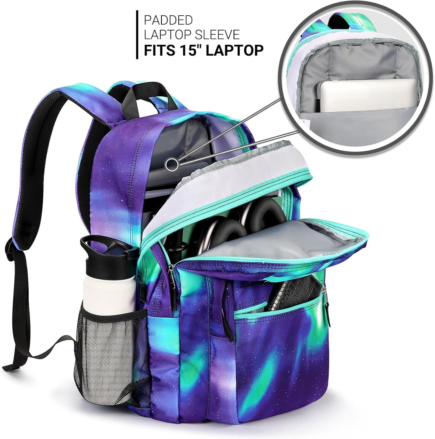 ZORFIN 26L Backpack for College, and Travel: Water Resistant Bookbag - Night Aurora SkyBlue