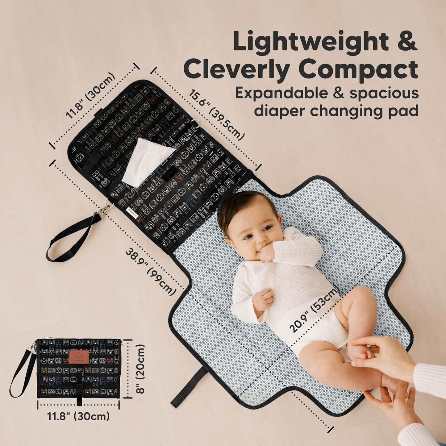 KeaBabies Portable Diaper Changing Pad - Large Waterproof Baby Changing Mat, Compact Travel Diaper Clutch, Functional Pockets Fit Newborn Essentials, Wipeable & Padded Baby Changer (Pixel)