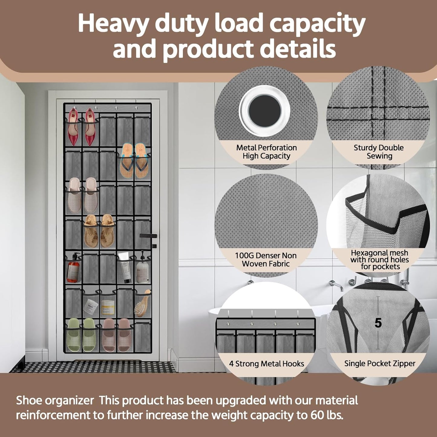 35 Pocket Over the Door Shoe Organizer,Reusable Breathable Large Mesh Bag Men's & Women's Sneaker Organizer,Shoe Organizer for Kids,Hanging Shoe Storage Hanging Bag (Gray)