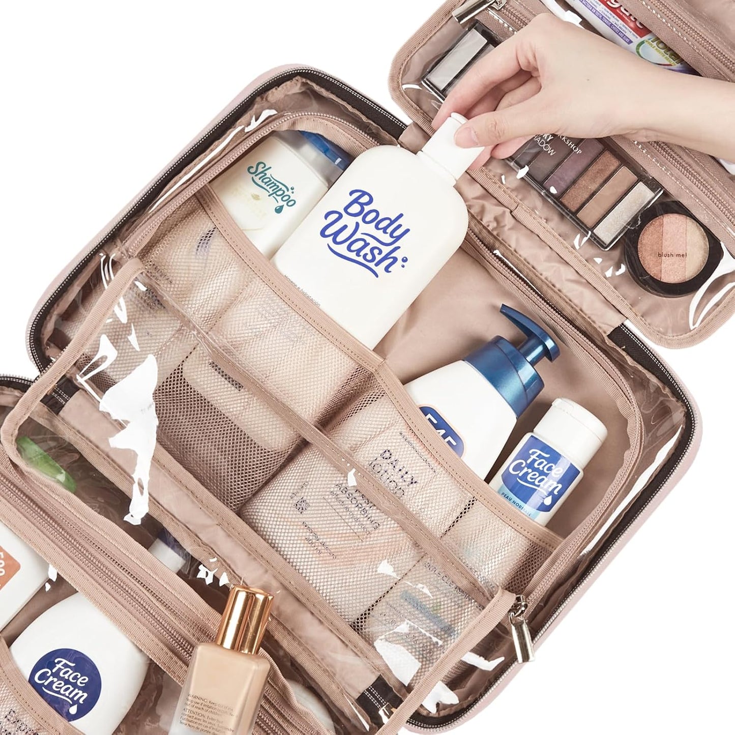 NISHEL Travel Toiletry Bag for women, Portable Hanging Organizer for Family-Sized Shampoo, Conditioner, Brushes Set, Makeup Accessories, Extra Large Size, Pink