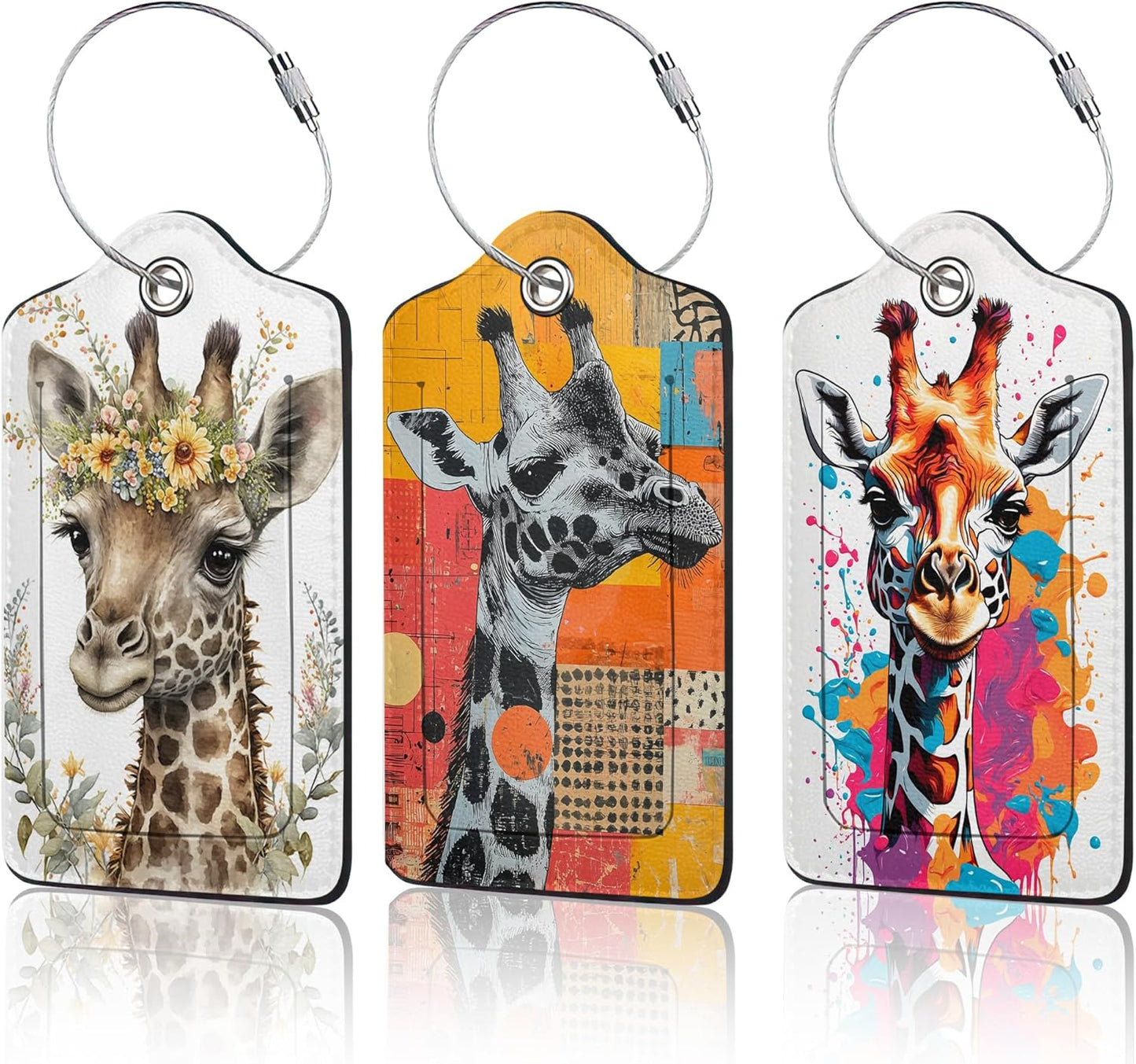 Cute Giraffe Luggage Tags for Suitcase,3 Pack Funny Luggage Tag Leather Privacy Cover ID Label with Stainless Steel Loop for Women Men