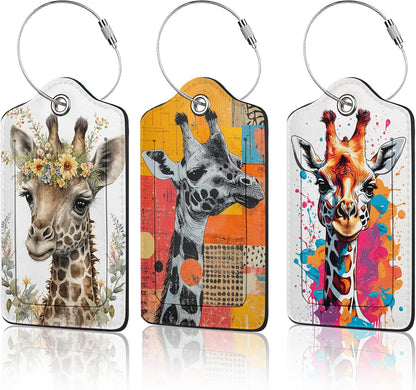 Cute Giraffe Luggage Tags for Suitcase,3 Pack Funny Luggage Tag Leather Privacy Cover ID Label with Stainless Steel Loop for Women Men