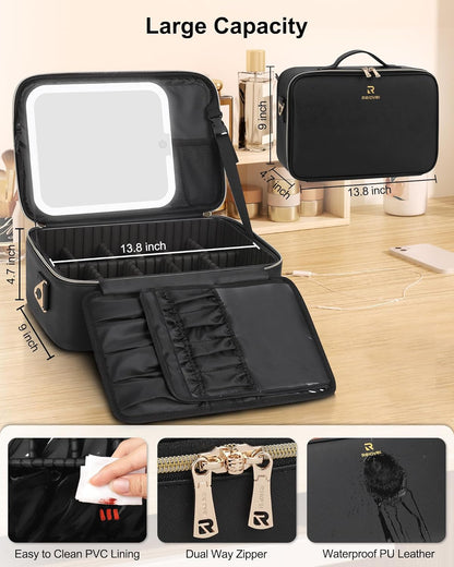 Relavel Makeup Bag with LED Mirror Travel Train Case Large Cosmetic Bags Organizer with Lighted Up Mirror with 3 Color Lights, Adjustable Brightness, Adjustable Dividers and Shoulder Strap (Black)